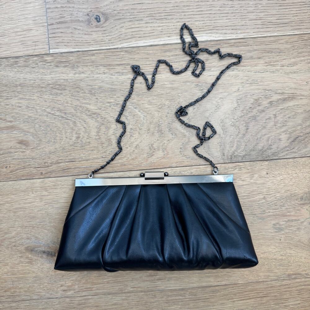 Vintage Gunne Sax Black Leather Pleated Evening Clutch Bag